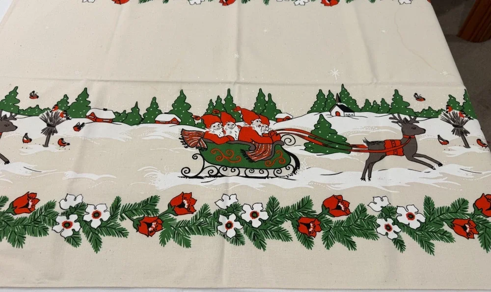 Vtg ALMEDAHLS Swedish Tablecloth Christmas Elves Sleigh Linen 51x69 Rectangle
